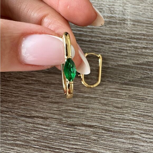 Gold and Green Dangle hoop Earrings N938 - Picture 3 of 4